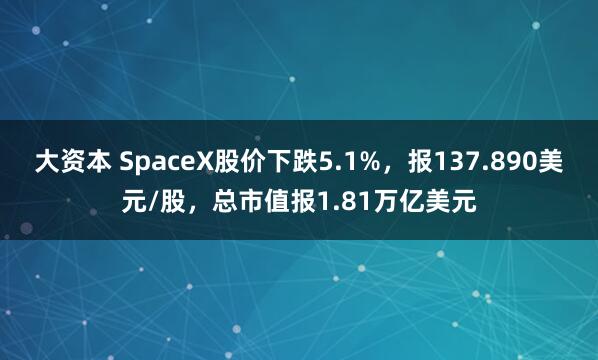 大资本 SpaceX股价下跌5.1%，报137.890美元/股，总市值报1.81万亿美元